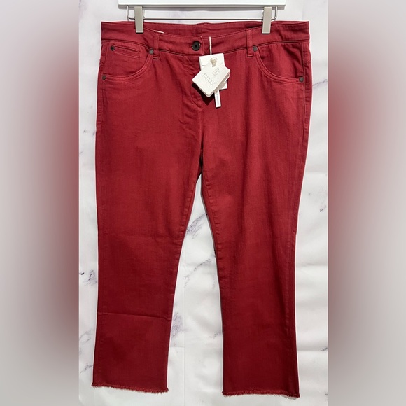 Brunello Cucinelli Deep Red Cropped Kick Flare Skinny Fit Jeans